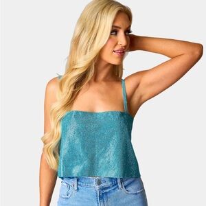 Shimmering Teal Women's Top GIRLY GIRL RHINESTONE CROP TOP - TURQUOISE